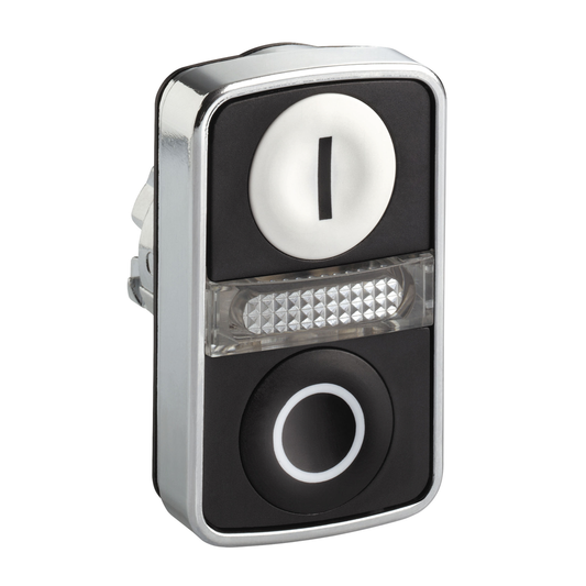 ZB4BW7A1721 - Cabezal pulsador doble iluminado, Harmony XB4, metal, 22 mm, 1 empotrar blanco marcado I + 1 luz piloto + 1 empotrar negro marcado O