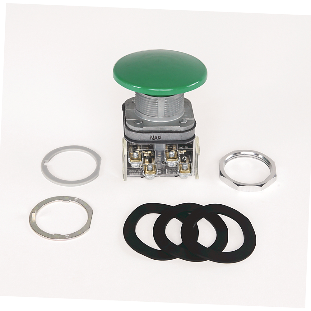 800T-D1D1Y - 30.5mm Type 4/13 Mom. Contact PB, Non-Illum., Green, Mushroom Hd, 1 N.O. Stackable Sealed Switch