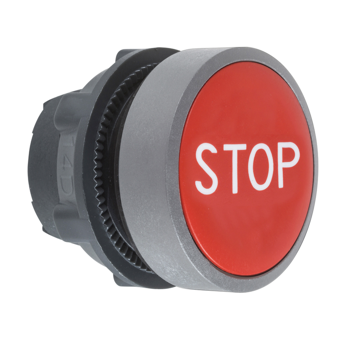 ZB5AA434C0 - Push button head, Harmony XB5, plastic, flush, red, 22mm, spring return, marked STOP, grey bezel