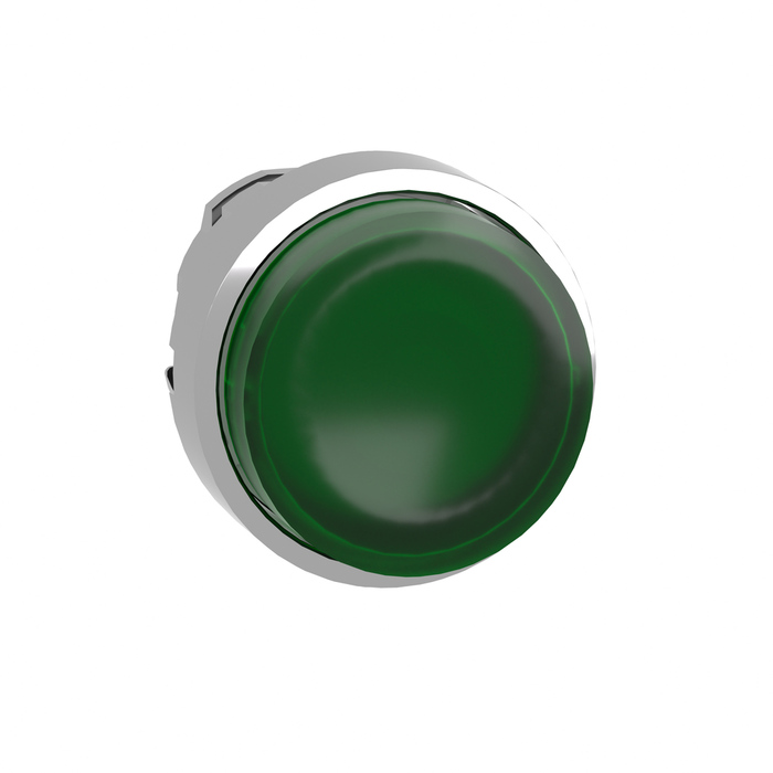 Head for illuminated push button, Harmony XB4, metal, green projecting, 22mm, push-push, universal LED, unmarked (Qty. 100)