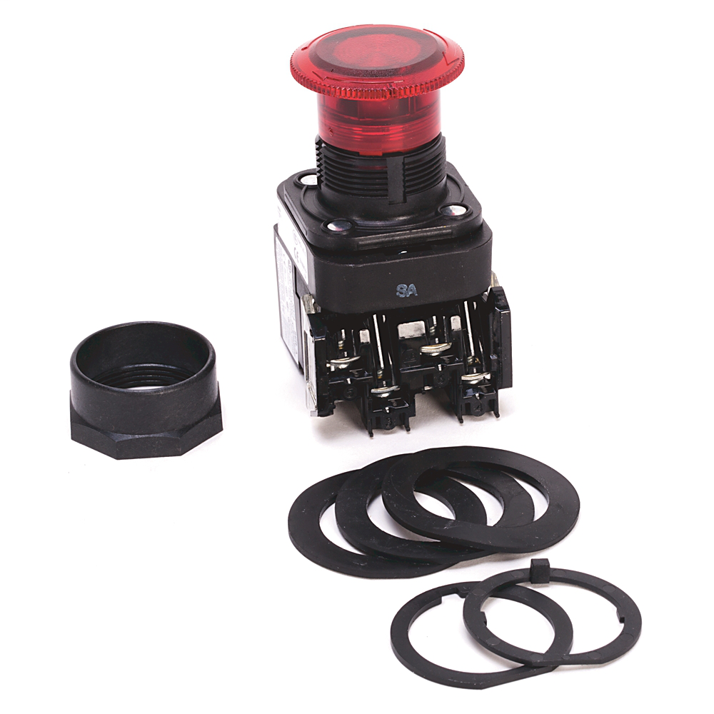 800HC-FRXTQH2G - 30,5 mm, tipo 4/4X/13, 2 polos, PB-Illum., Push-Pull/Twist, verde, base tipo hongo, LED, 12-130 V CA/CC, sin contactos, protección para los dedos