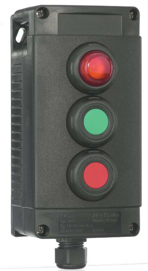 800G-3P4DP3DD2A1 - Áreas peligrosas, clasificación IP 66, estación completa de tres orificios con luz piloto, conector de 1/2" NPT, entrada inferior