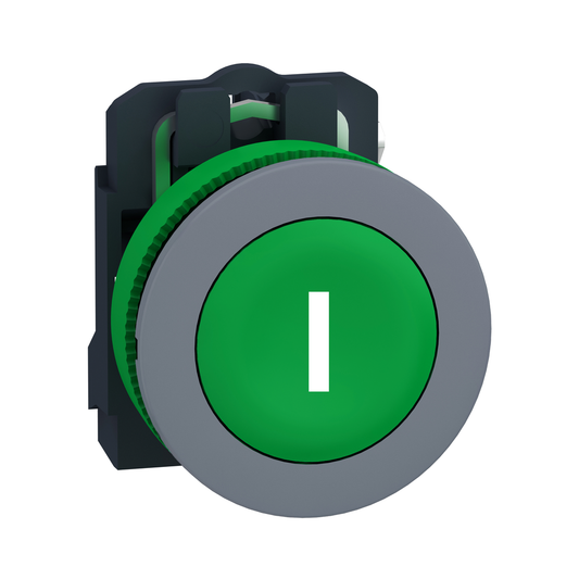 XB5FA3311C0 - Push button, Harmony XB5, antimicrobial, grey bezel, green flush, 30mm, spring return, 1NO, marked I