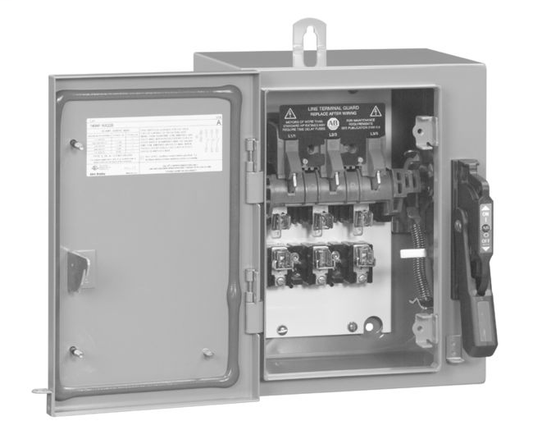 Interruptores de desconexión en caja 1494GX, capacidad extra, trifásicos, fusibles, 60 A, tipo 3R/4/12, código de caja "F", 3 polos, trifásicos
