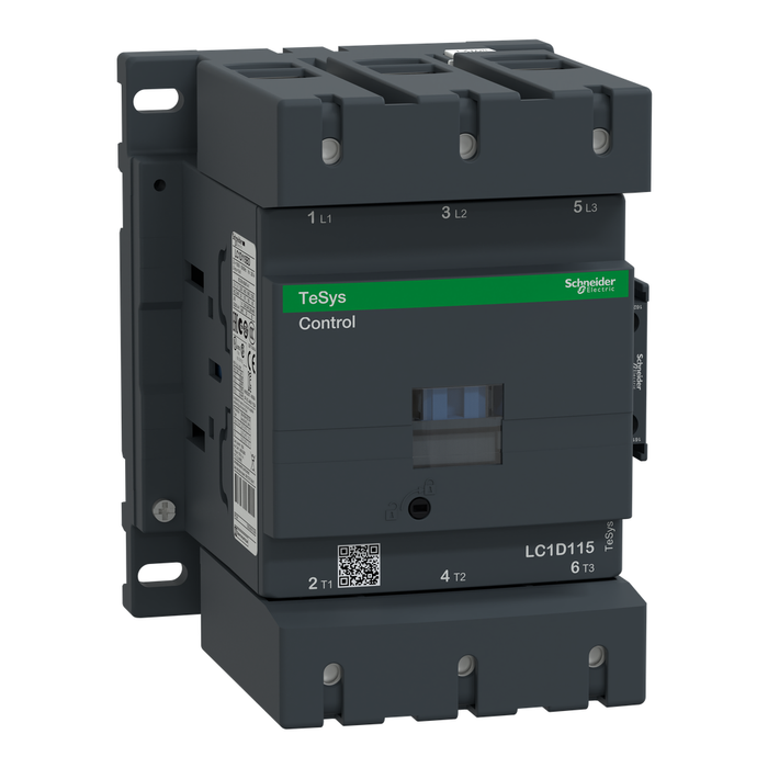 LC1D115FD - IEC contactor, TeSys Deca, nonreversing, 115A, 75HP at 480VAC, up to 100kA SCCR, 3 phase, 3 NO, 110VDC coil, open style