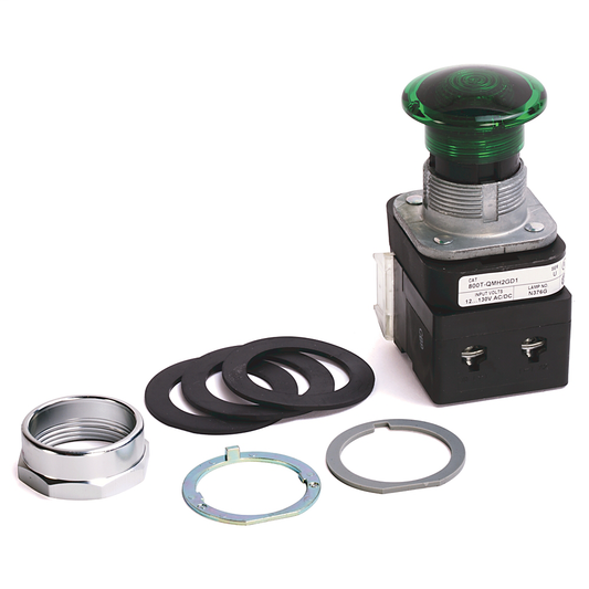 800T-QMH2GD1 - 30.5mm Type 4/13 Mom. Contact PB-Illum., Green, Mushroom Hd, LED, 12-130V AC/DC, 1 NO