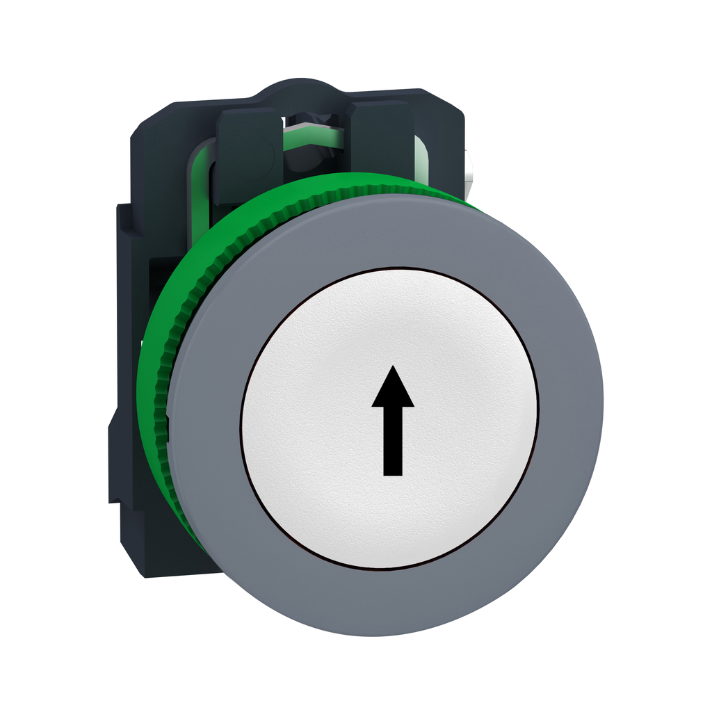 Harmony XB5, pulsador de empotrar, plástico, blanco, Ø30, retorno por resorte, marcado con flecha negra hacia arriba, 1 NO, bisel plateado color gris