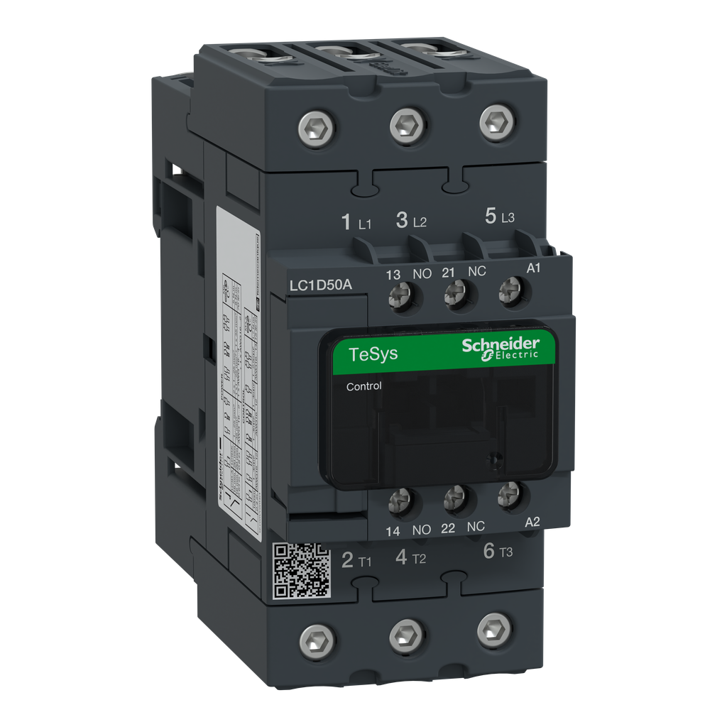 LC1D50AL7 - Contactor IEC, TeSys Deca, no inversor, 50 A, 40 HP a 480 V CA, hasta 100 kA SCCR, trifásico, 3 NA, bobina 200 V CA 50/60 Hz, abierto
