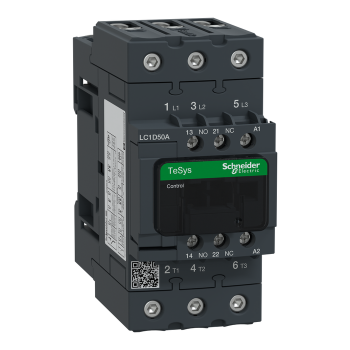 LC1D50AL7 - IEC contactor, TeSys Deca, nonreversing, 50A, 40HP at 480VAC, up to 100kA SCCR, 3 phase, 3 NO, 200VAC 50/60Hz coil, open