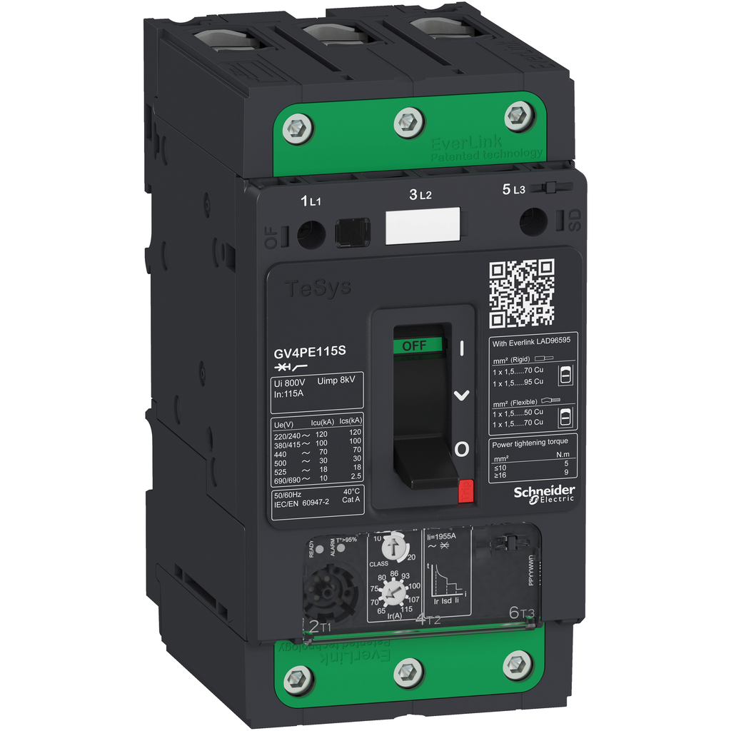 GV4PE07S - Disyuntor de motor, TeSys GV4, 3P, 7A, Icu 100kA, termomagnético, terminales Everlink