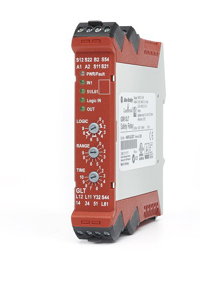 440R-GL2S2T - Guardmaster Guard Locking safety relay with Time Delay (GLT), 1 Dual Channel Input (time delayed outputs - GLT), 1 N.O., PNP, 50mA, non-safety Auxiliary Output