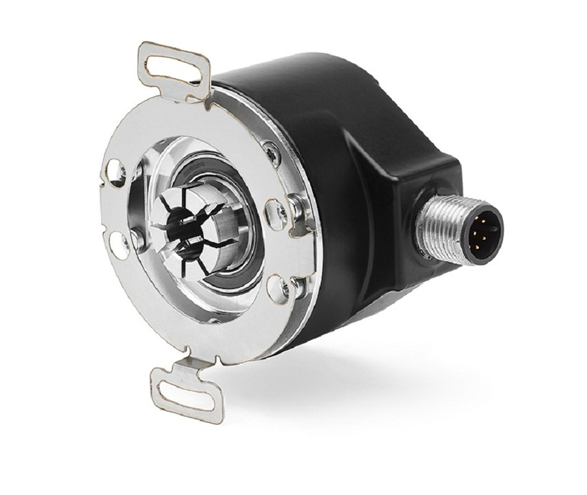 Incremental Encoder, 3-Point Mounting, 3/8 inch Diameter Metal Hollow Shaft, 8-30 Volt Line Driver,HTL (A-Leads-B, CW, Z gated with A), M12 Connector, 8-Pin, 4096 Pulses per Revolution.