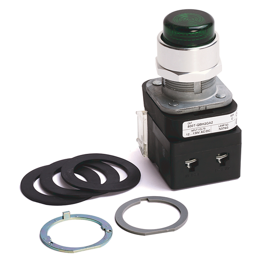 800T-QBH2GAV - 30.5mm Type 4/13 Mom. Contact PB-Illum., Green, Ext. Hd w/o Guard, LED, 12-130V AC/DC, 1 NO-1 NC PenTUFF