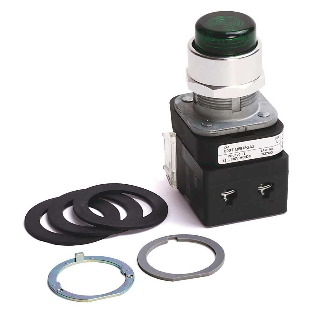 800T-QBH2GX - 30.5mm Type 4/13 Mom. Contact PB-Illum., Green, Ext. Hd w/o Guard, LED, 12-130V AC/DC, No Contacts