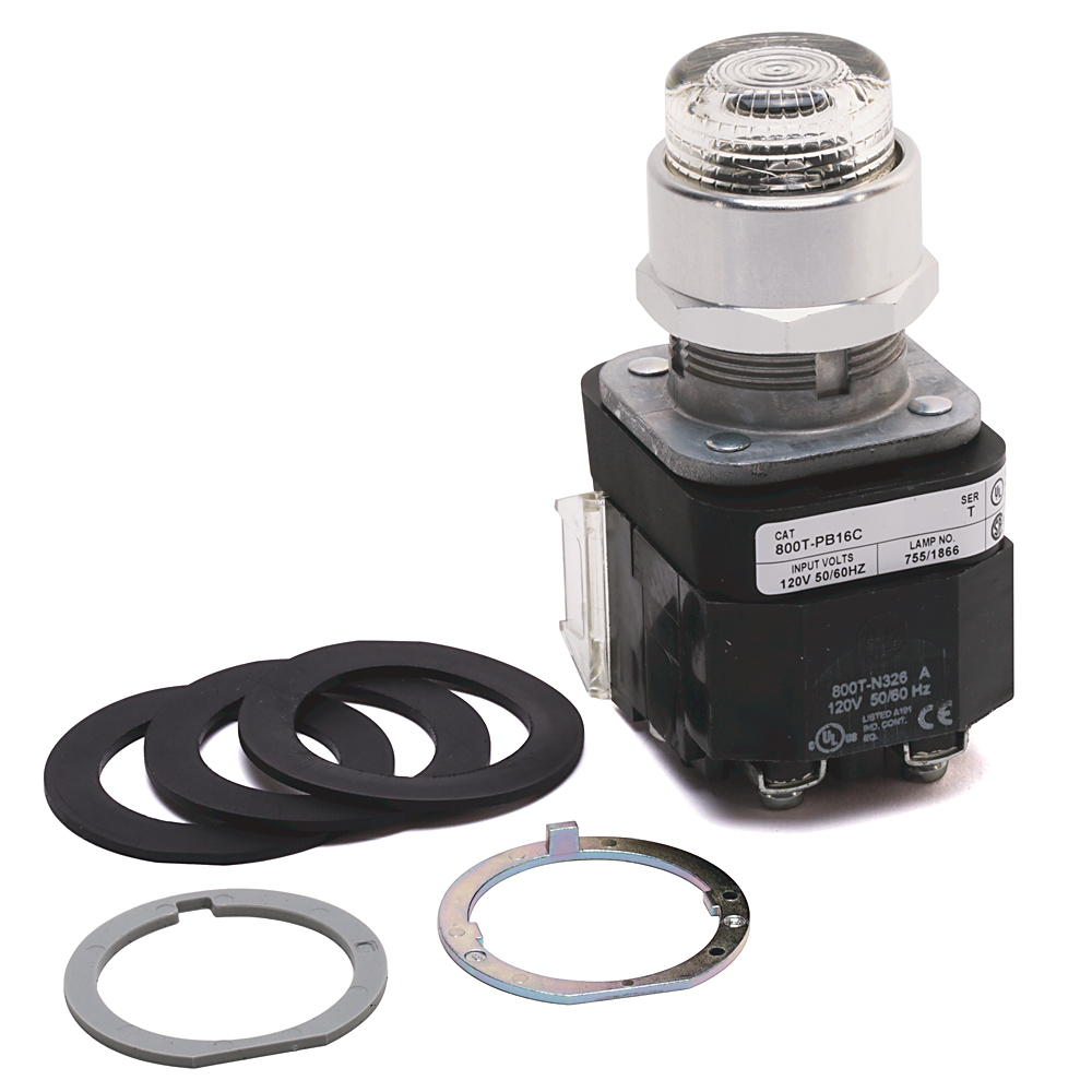 800T-PB16C - 30.5mm Type 4/13 Mom. Contact PB-Illum., Clear, Ext. Hd w/o Guard, Incand./No Options, 120V AC 50/60 Hz, 1 NO-1 NC