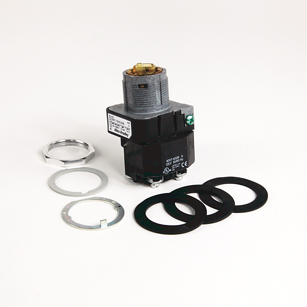 800T-16HX2KB6TX - Interruptor selector tipo 4/13 de 30,5 mm, iluminado, 2 polos, transformador, 120 V CA 50/60 Hz, sin color, mantenimiento estándar por perilla, leva KB6, 1 NA-1 NC, lengüeta lógica