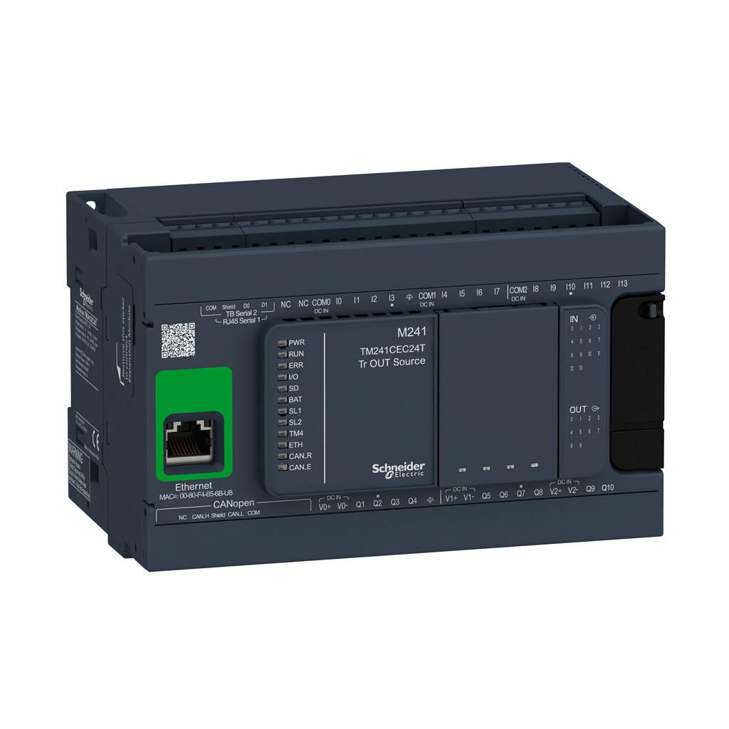 TM241CEC24T - Controlador lógico Modicon M241, 24 E/S, transistor, PNP, Ethernet, maestro CAN