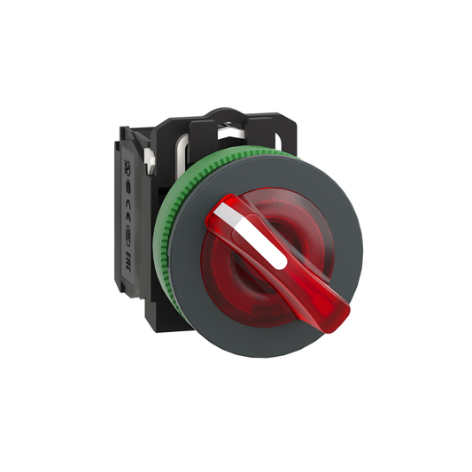 XB5FK124M5 - Selector luminoso, Harmony XB5, plástico gris, mango rojo, 30 mm, LED universal, 2 posiciones, 1 NA + 1 NC, 230...240 V CA