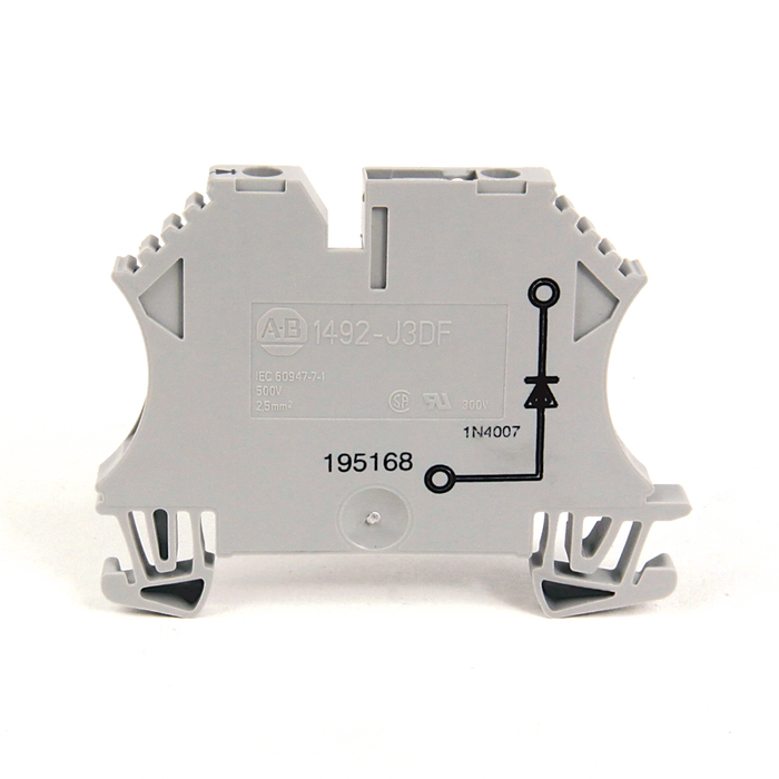 1492-J3F - 1492-J IEC Terminal Block, One-Circuit Feed-Through Block, 2.5 mm (# 24 AWG - # 12 AWG), 2 Stab connections on one side, Gray (Standard) (Qty. 50)