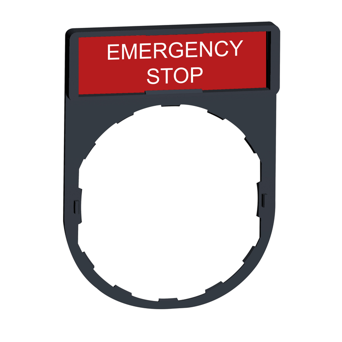 ZBY2330 - Harmony, 22mm Push Button, legend holder 30 x 40 mm, with legend 8 x 27 mm, marked EMERGENCY STOP (Qty. 10)