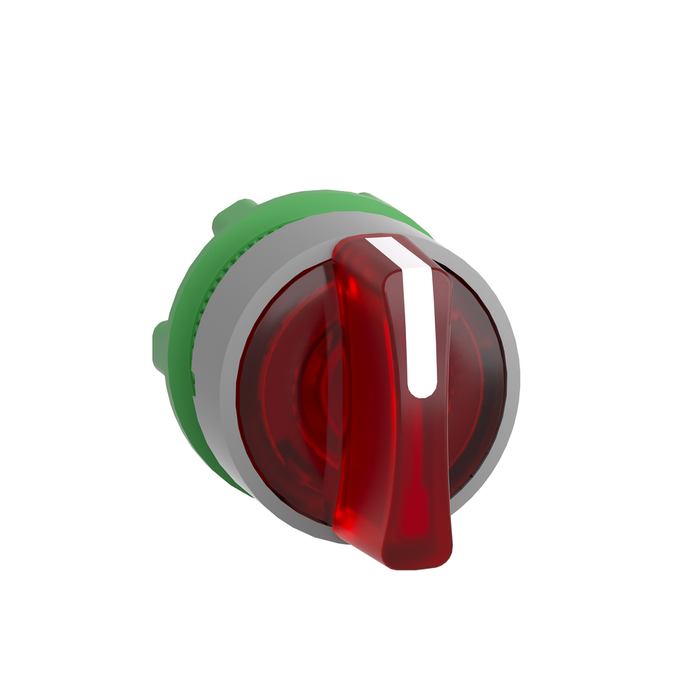 Head for illuminated selector switch, Harmony XB5, grey bezel, red handle, 22mm, universal LED, 3 positions, right to center