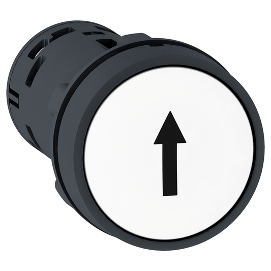 XB7NA15341 - Push button, Harmony XB7, round white flush, 22mm, spring return, 1NO + 1NC, black marked up arrow