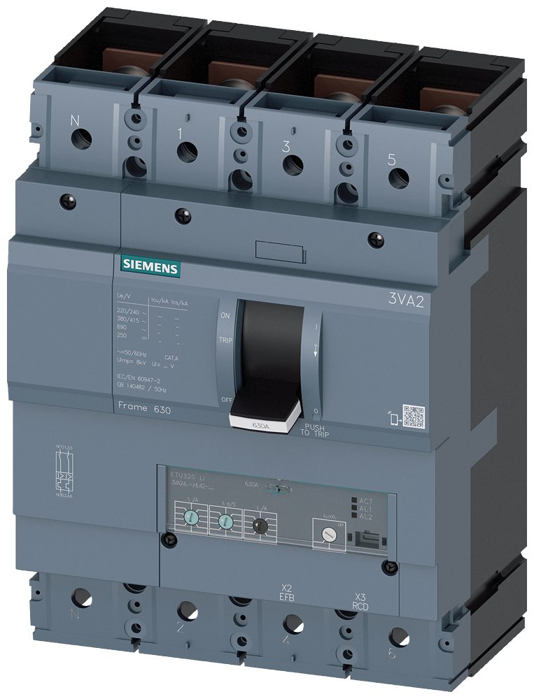 3VA2463-0HL42-0AA0 - BRKR 3VA24 4P 630A 200KA ETU3-LI TUERCA