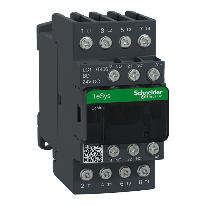 LC1DT406BD - IEC contactor, TeSys Deca, nonreversing, 40A resistive, 4 pole, 4 NO, 24VDC coil, open style