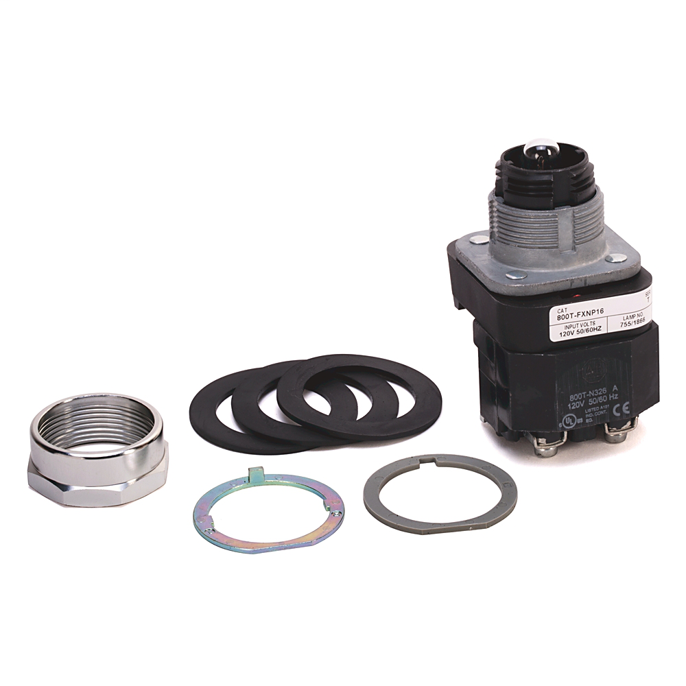 800T-FXNQ10GA - 30,5 mm, tipo 4/13, 3 posiciones, pulsador/pulsador, iluminación, salida/control/entrada, modo/mantenimiento, verde, base tipo hongo, incandescente, 120 V CA, 1 NA-1 NC