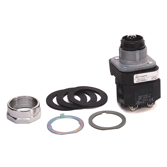 800T-FXNQ10GA - 30,5 mm, tipo 4/13, 3 posiciones, pulsador/pulsador, iluminación, salida/control/entrada, modo/mantenimiento, verde, base tipo hongo, incandescente, 120 V CA, 1 NA-1 NC