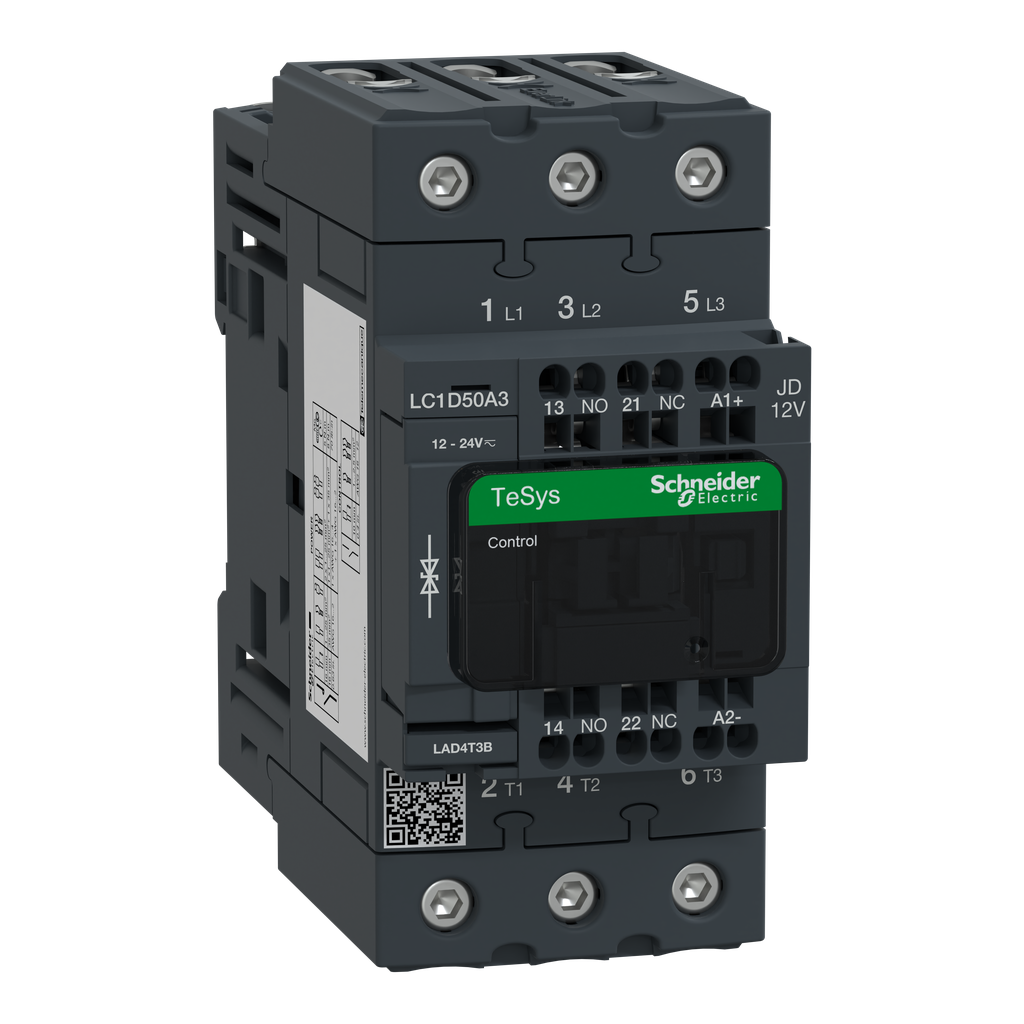 LC1D50A3JD - IEC contactor, TeSys Deca, nonreversing, 50A, 40HP at 480VAC, 3 phase, 3 pole, 3 NO, 12VDC coil, open style