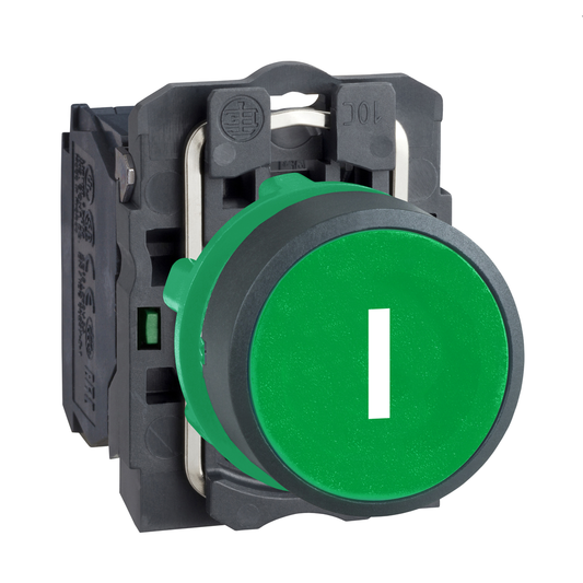 XB5AA3311 - Pulsador, Harmony XB5, plástico, empotrado, verde, 22 mm, retorno por resorte, marcado I, 1NO