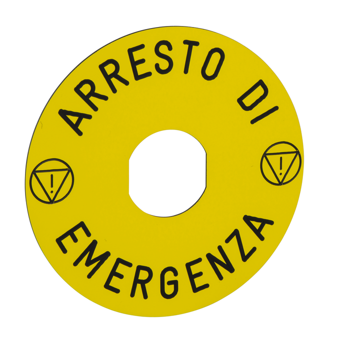 ZBY8630 - Marked legend, Harmony XB4, Harmony XB5, yellow, 90mm, for emergency stop, marked ARRESTO DE EMERGENZA/logo ISO13850