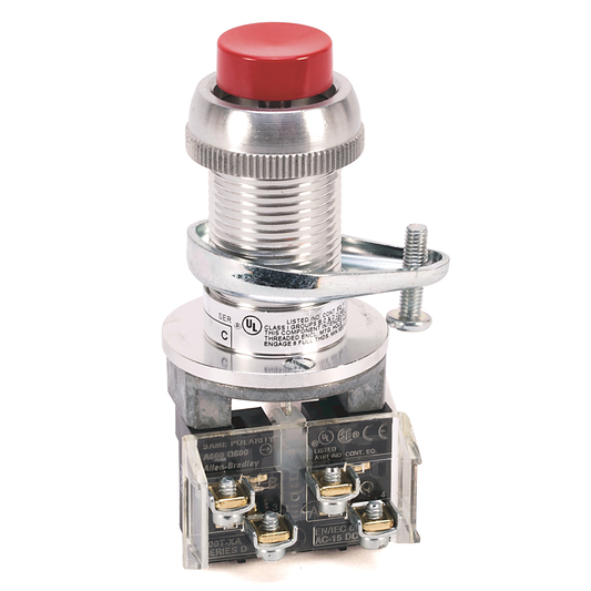 800H-BP6A4 - Contacto momentáneo PB para áreas peligrosas, tipo 7 y 9, sin iluminación, longitud de cañón estándar, cabezal extendido, rojo, 2 NC