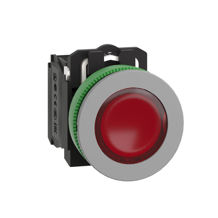 XB5FW34G5C0 - Illuminated push button, Harmony XB5, grey bezel, red flush mounted, 30mm, universal LED, 1NO + 1NC, 120V AC