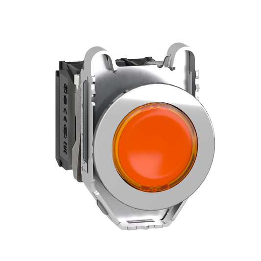 XB4FW35M5 - Illuminated push button, Harmony XB4, metal, orange flush mounted, 30mm, universal LED, plain lens, 1NO + 1NC, 230V AC