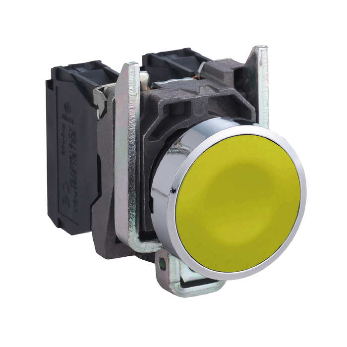 XB4BA55 - Push button, Harmony XB4, yellow flush, metal, 22mm, spring return, 1NO + 1NC, unmarked