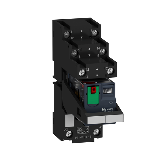 RXM2AB2P7PVS - Harmony, relé enchufable miniatura premontado, 12 A, 2 contactos conmutados, con LED, con pulsador de prueba bloqueable, zócalo con terminales separados, 230 V CA