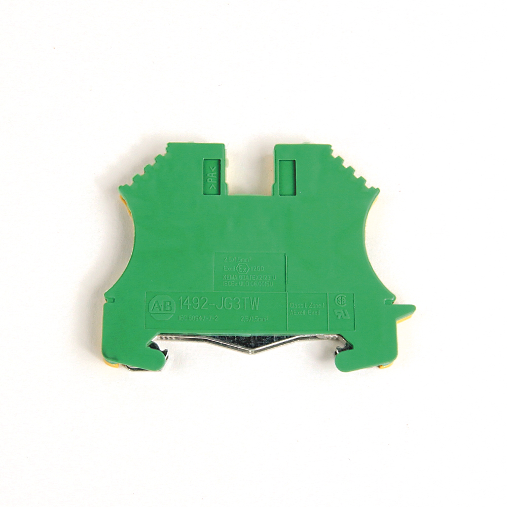 1492-JG3 - 1492-J IEC Terminal Block, One-Circuit Feed-Through Ground Block, 2.5 mm (# 24 AWG - # 12 AWG), Standard Feedthrough, Green / Yellow Stripe (Standard)