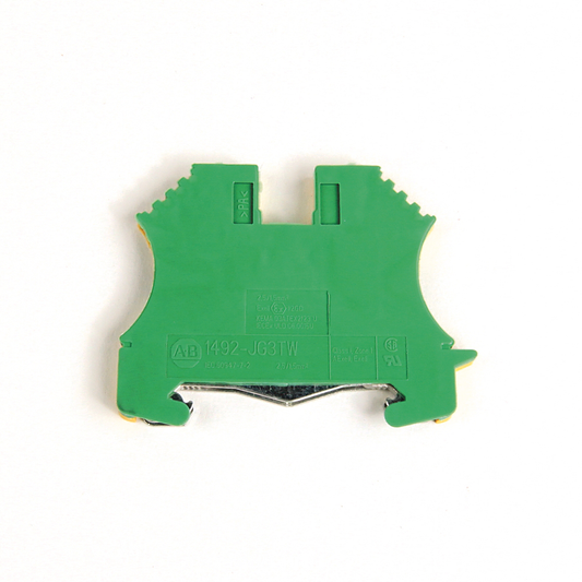1492-JG3 - 1492-J IEC Terminal Block, One-Circuit Feed-Through Ground Block, 2.5 mm (# 24 AWG - # 12 AWG), Standard Feedthrough, Green / Yellow Stripe (Standard)