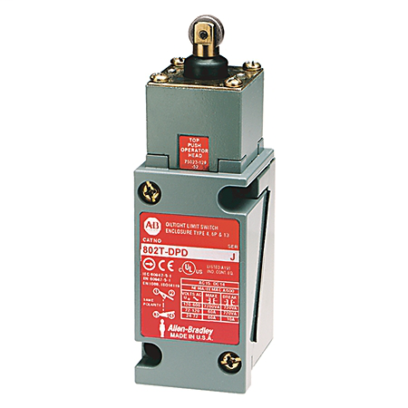 802T-DPDD5 - Limit Switch, NEMA Type 4 and 13 Oiltight Construction, Plug-In, Safety Switch, Top Push Roller, 2-Circuit, Whole Switch, 5-Pin DC Micro-Type Receptacle