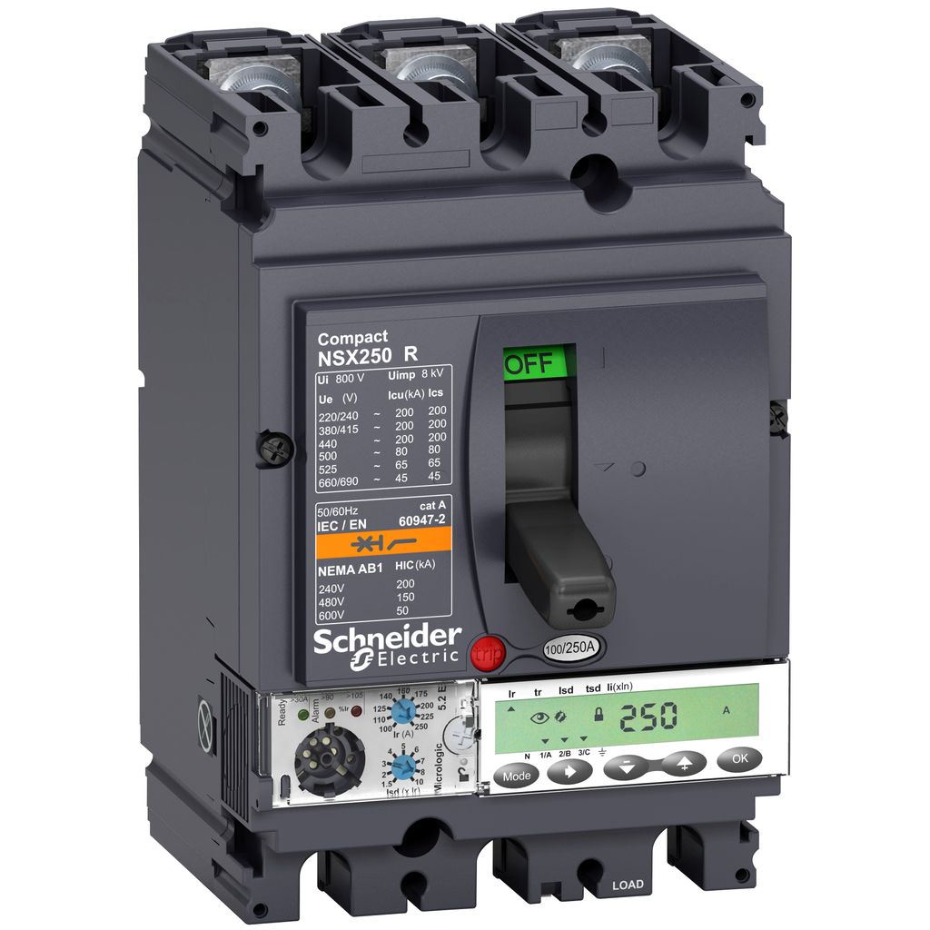 LV433522 - Disyuntor, Compact NSX250R, 200 kA/415 V CA, unidad de disparo MicroLogic 5.2E, 250 A, 3 polos, 3 polos