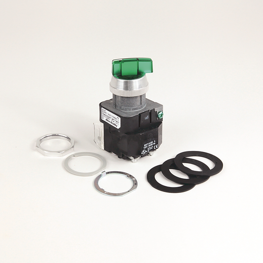 800T-16HGH2KB6 - Interruptor selector tipo 4/13 de 30,5 mm, iluminado, 2 pos., transformador, 120 V CA 50/60 Hz, verde, mantenimiento estándar por perilla, leva KB6, sin contactos