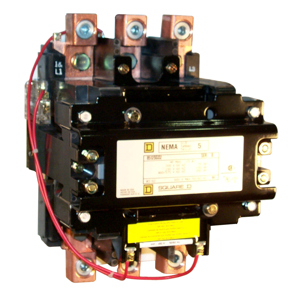 8502SGO2V06 - Contactor NEMA, tipo S, no reversible, tamaño 5, 270 A, 200 HP a 575 VCA, trifásico, hasta 100 kA, 3 polos, bobina de 480 VCA, abierto