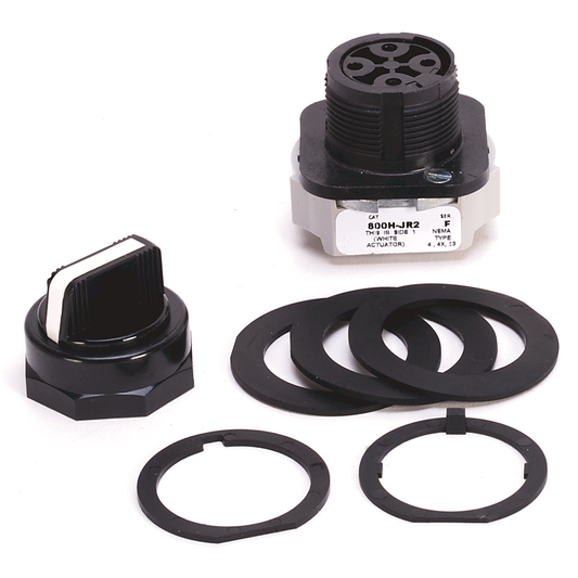 800H-JR4KE7TVXX - Selector de 3 posiciones 800H, blanco, perilla estándar, resorte de retorno delantero/izquierdo, 3 posiciones, leva y bloques de contacto, código R para 800H, sí