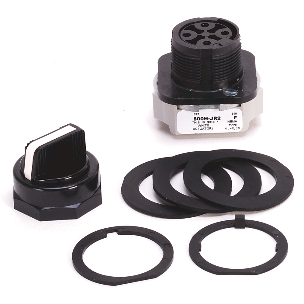 800H-JR91KT1B - Interruptor selector de 3 posiciones 800H, blanco, perilla estándar con resorte de accionamiento delantero/trasero, 3 posiciones, bloques de leva y contacto, código R para 800H, n.°