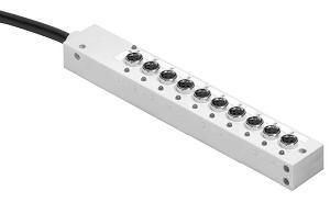 898P-310PT-B5 - Caja de distribución, Pico (M8), sin LED, 10 puertos de entrada, puertos en la parte superior de la caja, cable de PVC, negro, sin blindaje, cable de 5 m (16,4 pies) Conexión principal