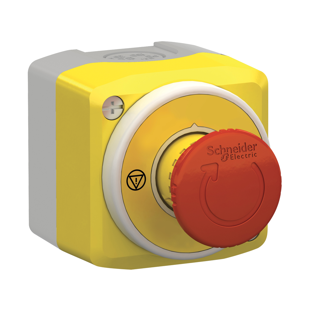XALK178W3B140G - Estación de control, Harmony XALD, XALK, plástico, tapa amarilla, 1 pulsador de parada de emergencia de 40 mm, girar para liberar, anillo de iluminación blanco rojo fijo, 1 NO 2 NC, 24 V CA CC