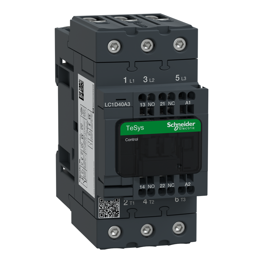LC1D40A3P7 - Contactor IEC, TeSys Deca, no inversor, 40 A, 30 HP a 480 V CA, trifásico, 3 polos, 3 NA, bobina de 230 V CA 50/60 Hz, estilo abierto