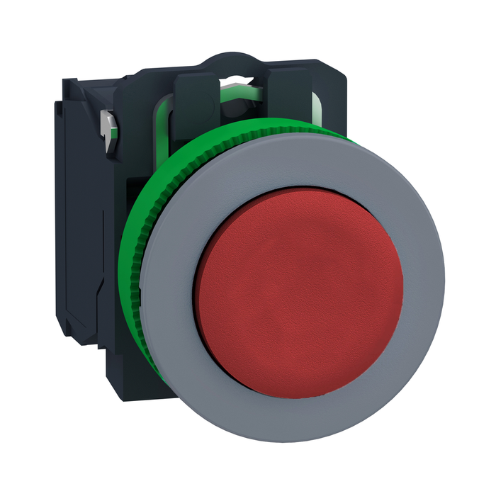 XB5FL42C0 - Push button, Harmony XB5, antimicrobial, grey bezel, red flush, 30mm, spring return, 1NO, unmarked